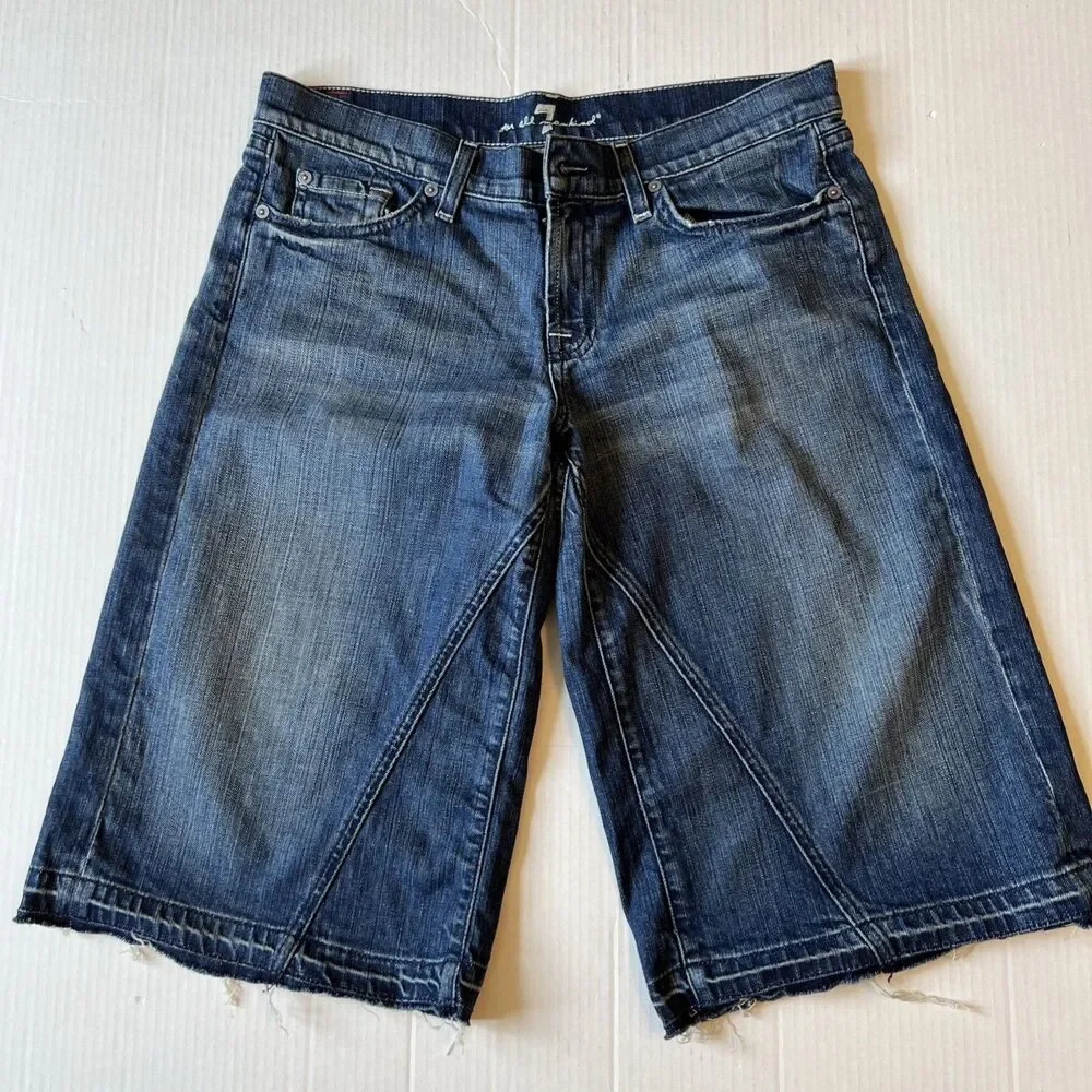 7 For All Mankind Women's Size 30 Blue Denim Wide Leg Long Jean Shorts